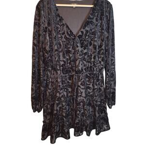 City Studio XXL Black Velvet Burnout Dress Long Sleeve V Neck Stretch Fit Flare